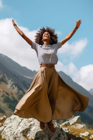 Generative AI : Happy woman dancing feeling free travelling the world raising arms to the skyの素材