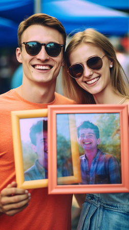 Generative AI : Selfieportrait of funny couple in summer park  Friends having fun laughing together  People and technology conceptの素材