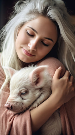 Generative AI : Romantic hug between a white dog and its owner Human and animals in loveの素材