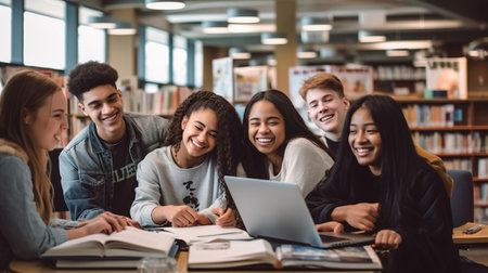 Generative AI : Multiracial university students sitting together at table with books and laptop  Happy young people doing group study in high school library  Life style concept witの素材