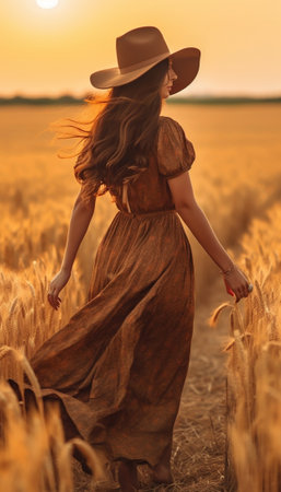 Generative AI : Woman in dress walking through the wheat field on a lake Young girl enjoying life and freedom in the nature at holidaysの素材