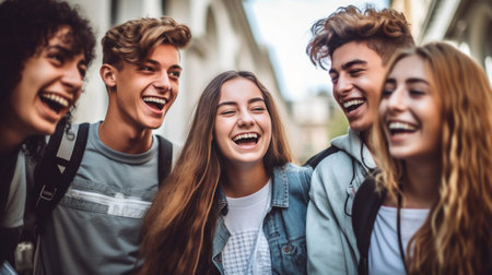 Generative AI : University students talking and laughing together in college campus  Happy teenagers having fun going to school  Friendship concept with guys and girls hanging outの素材