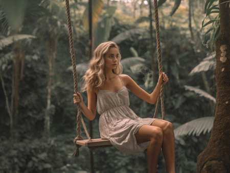 Generative AI : Tourist woman on a swing at vacation in Bali Indonesiaの素材