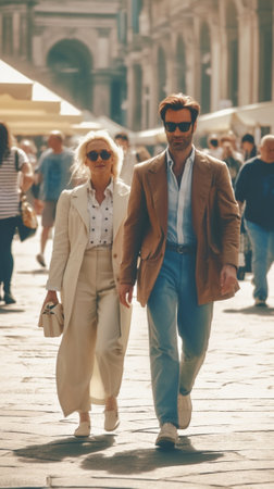 Generative AI : Couple of tourists walking in the city of Milan Italy  People visiting Romeの素材