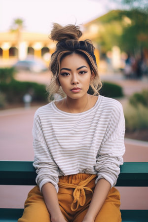 Generative AI : Portrait close up of a young beautiful woman outdoor	 Fashion beauty women in power and hairstyle conceptの素材