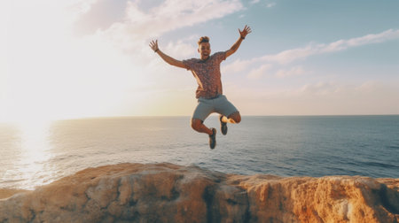 Generative AI : Happy man jumping at the beachConcept about holiday success people and lifesytleの素材