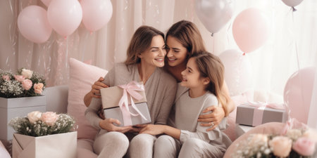 Generative AI : Happy mother receiving a gift from her daughters in living room  Mothers day conceptの素材