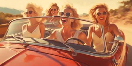 Generative AI : Group of women with shopping bags driving a convertible car at vacationの素材