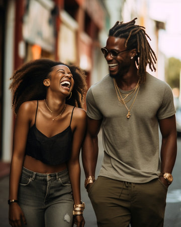 Generative AI : Hispanic couple having fun walking on city street  Afro american woman enjoying freedom outside on summer vacation  Boyfriend and girlfriend doing piggyback outdoorの素材