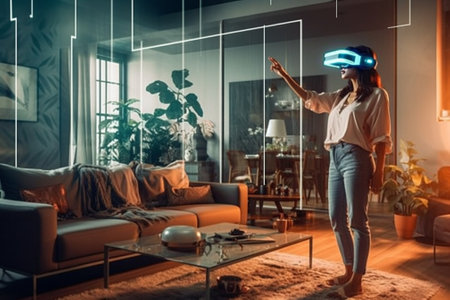 Generative AI : Woman wearing virtual reality goggles having fun at home  Smile happy girl getting experience using VR headset  Technology and people conceptの素材