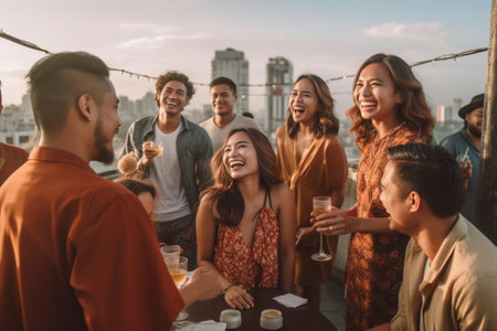 Generative AI : Multiracial friends wearing face masks drinking cocktails at rooftop party  New normal friendship concept with young people enjoying meal in backyard  Focus on asiaの素材