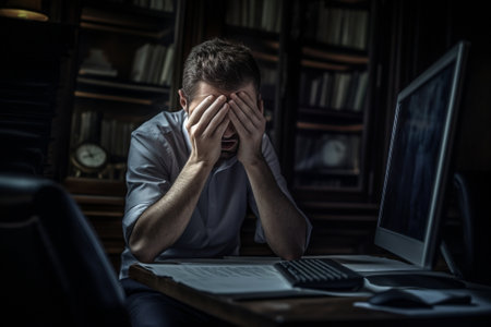 Generative AI : Stressed man with head in hands near computer in the nightの素材