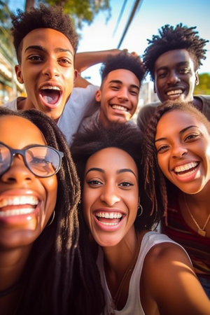 Generative AI : Multicultural group of friends taking a selfie with african woman in foreground  Friendship concept with young people smiling at camera  Focus on black girlの素材