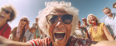 Generative AI : Beautiful senior woman taking selfie outside  Active mature female having fun at the beach  Older people happiness and freedom conceptの素材