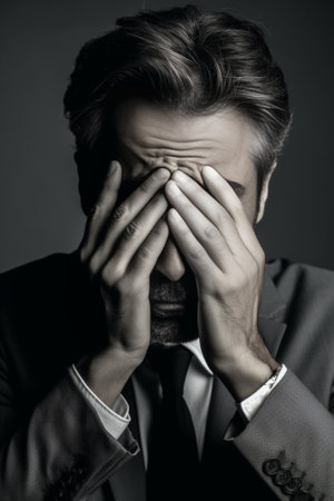 Generative AI : Stressed businessman outdoor he is covering his face with his hand  black people  business people and lifestyle conceptの素材