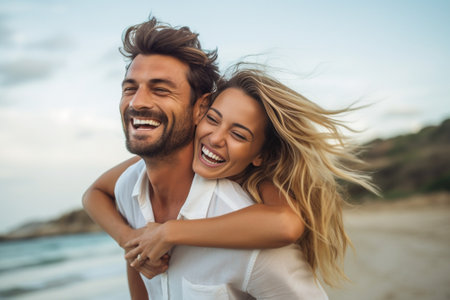 Generative AI : Portrait of a beatiful loving couple having fun at the beach Young cute girl embracing her boyfriend from the backの素材