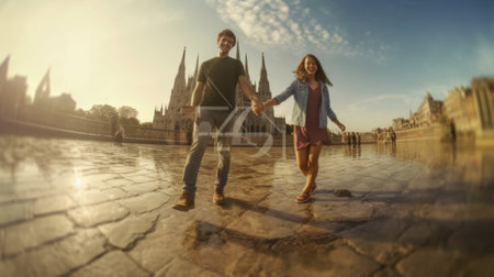 Generative AI : Couple of tourists visiting Venice Italy  Boyfriend and girlfriend in love running together on city street at sunset  People love and holidays conceptの素材