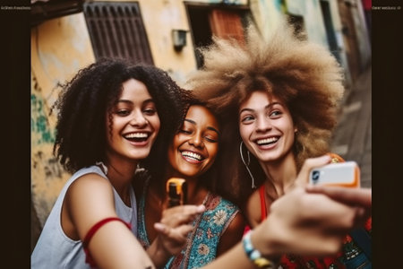 Generative AI : Group multiracial friends taking selfie picture with mobile smartphone outside  Happy young with hands up laughing at camera  Youth concept with guys and girls haviの素材
