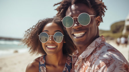 Generative AI : African woman holding boyfriend by hand at the beach on sunset  Young black girl laughing at camera  Couple of tourists having fun walking by the seaside  Feminityの素材