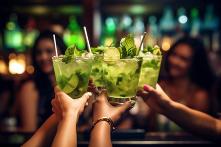 Generative AI : Multiracial friends cheering mojitos at bar restaurant  Young people celebrating happy hour toasting drinks and eating appetizers at tropical cocktail pub  Beverageの素材