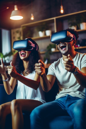 Generative AI : Happy friends sitting on sofa playing video games with virtual reality glasses  Cheerful couple having fun with modern technology videogames  Hobby and tech conceptの素材
