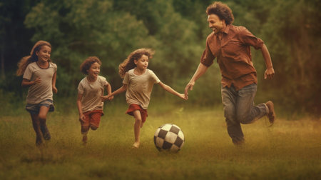 Generative AI : Kid kicking football ball while playing with his family  Active family having fun outdoors enjoying leisure time  Childhood and happy lifestyle conceptの素材
