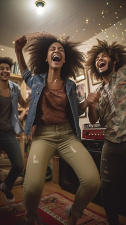 Generative AI : Diverse group of friends having home party together  Funny young people having fun dancing and singing in the living room  Youth lifestyle conceptの素材