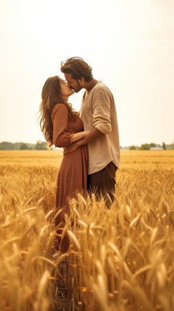 Generative AI : Image of young loving couple on wheat field  caucasian people  people love and lifestyle conceptの素材