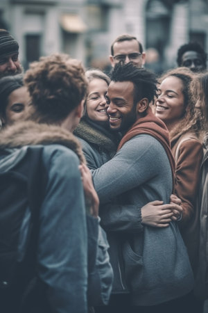 Generative AI : Multi ethnic young people team hugging together outside  International community of students support and help each other  Friendship team building and diversity conの素材