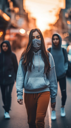 Generative AI : Multiracial students walking on city street New normal lifestyle concept with friends wearing face mask going at schoolの素材