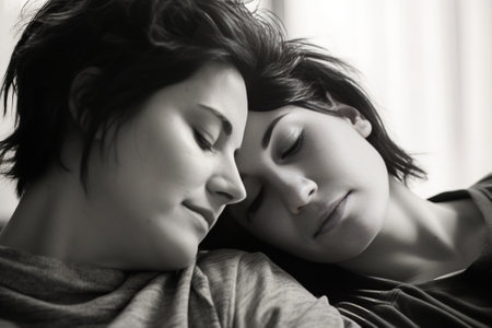 Generative AI : Lesbian couple taking a selfie lying on bed at home  Gay women together indoor  Lgbt conceptの素材