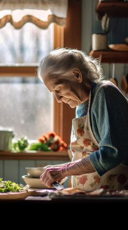 Generative AI : Senior woman cooking vegetables at home reading a recipe on the tablet Old people using technology cooking foodの素材