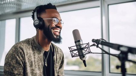 Generative AI : Bearded afro american man singing to microphone recording song in music studio production  Music hobby and festival conceptの素材