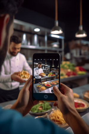 Generative AI : Caucasian man chef working in the kitchen and using a smartphoneの素材