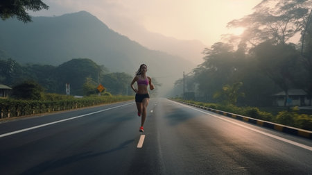 Generative AI : Young woman runner running on the road at morningの素材