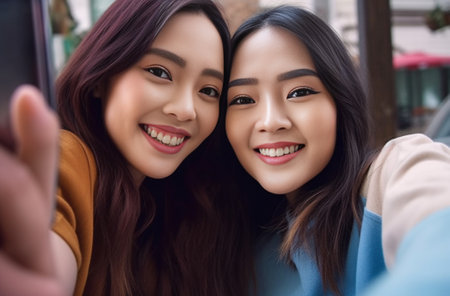 Generative AI : Couple of girls taking a selfie holding a present  caucasian and asian peopleの素材