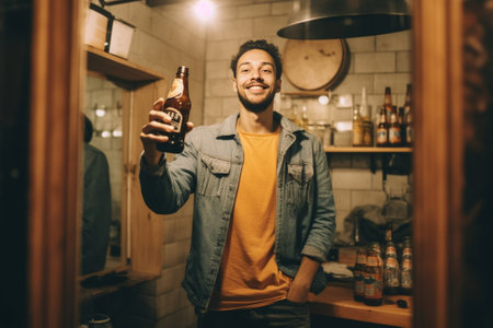 Generative AI : Happy bartender taking a selfie Young caucasian man is smiling at the camera Concept about people lifestyle and technologyの素材