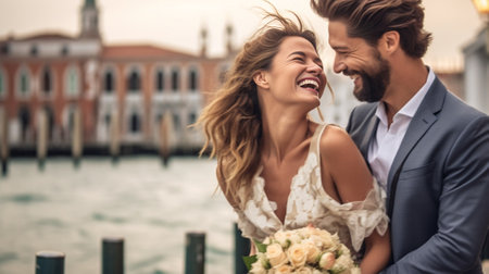 Generative AI : Beautiful couple in love having fun embracing and laughing doing piggyback ride at holiday in Venice Italy on Piazza San Marcoの素材