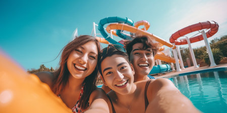 Generative AI : Group of best friends taking selfie at the swimming pool  Concept about friendship summer and technologyの素材