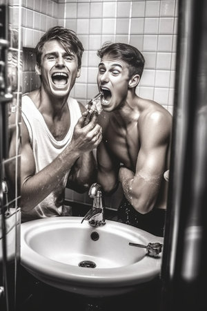 Generative AI : Happy young couple having fun together playing with shaving foam in the bathroom Boyfriend and girlfriend in love enjoying time together singing at homeの素材