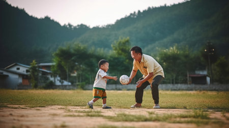 Generative AI : Kid kicking football ball while playing with his family  Active family having fun outdoors enjoying leisure time  Childhood and happy lifestyle conceptの素材