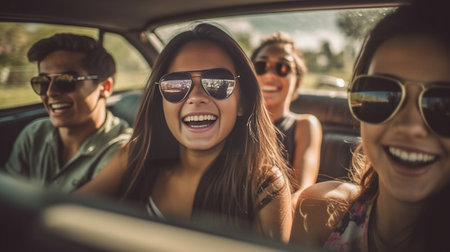 Generative AI : Group of friends having fun at car trip Four caucasian people on a sportive car with hands upの素材