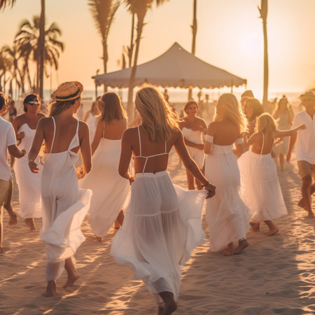 Generative AI : Group of people is dancing during a beach party  people and lifestyle conceptの素材