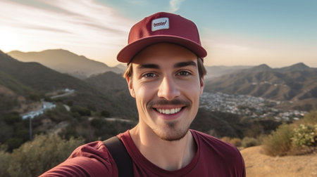 Generative AI : Happy young man with hat and backpack taking a selfie portrait hiking on mountains  Pov view of a smiling guy using smart phone mobileの素材
