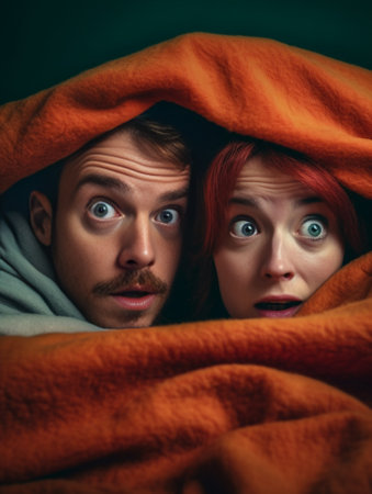 Generative AI : Loving couple in the bed under the blanket looking at the camera Love and romantic conceptの素材