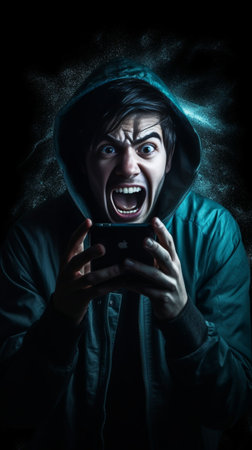 Generative AI : Man scream while listening music with his headphones  people and technology concept  caucasian peopleの素材