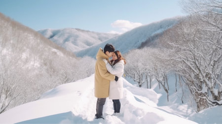 Generative AI : Couple of hikers in love have a romantic kiss on the top of a mountain at winter Young people are kissing in the natureの素材