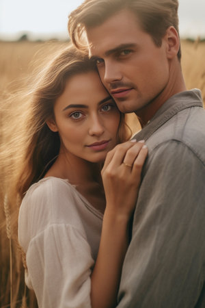 Generative AI : Loving couple hugging outdoor Girlfriend in love looking at the cameraの素材