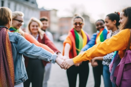 Generative AI : Group of lgbt people holding hands outside  Diverse happy friends hugging outdoors  Gay pride concept with crowd of guys and girls standing together on city streetの素材