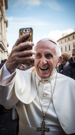 Generative AI : Happy handsome caucasian man take a selfie portrait in front of St Peters cathedral at Vatican City Rome Italyの素材